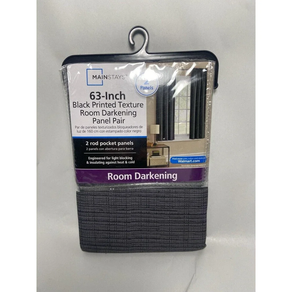 Mainstays Black And Gray Texture Printed Room Darkening Panel Pair 63 in Curtain